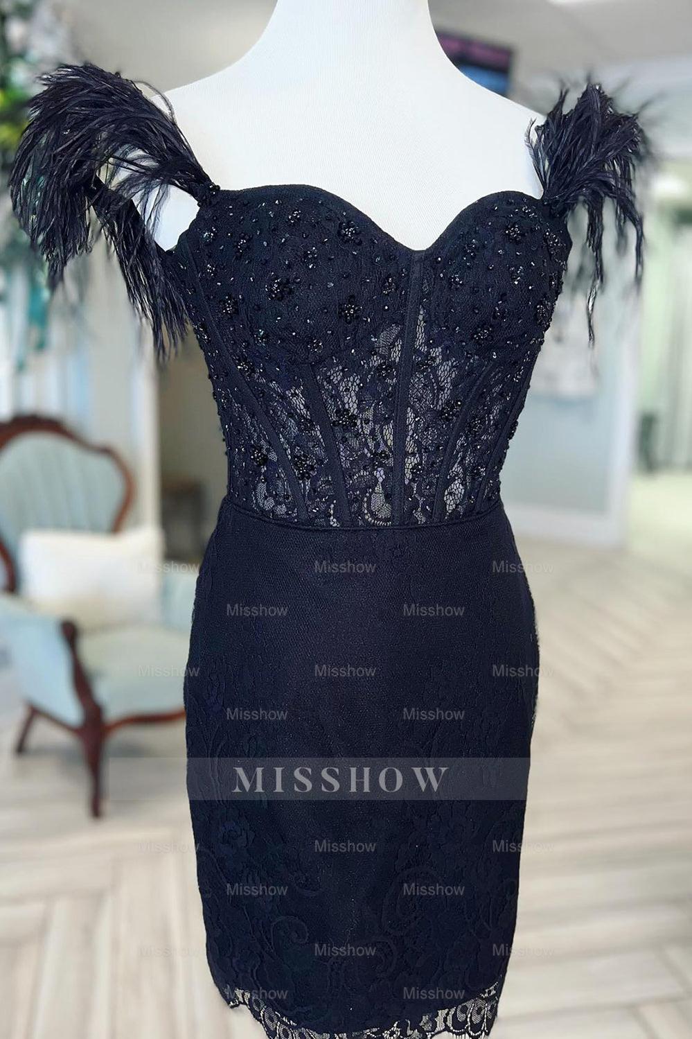 Misshow Sparkly Black Off The Shoulder Corset Tight Short Homecoming Dress/Mini Dress with Feathers