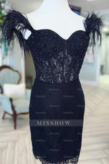 Misshow Sparkly Black Off The Shoulder Corset Tight Short Homecoming Dress/Mini Dress with Feathers