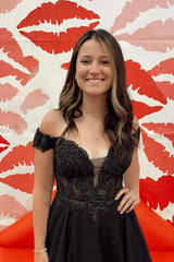 Misshow Sparkly Black Off the Shoulder A-Line Chiffon Short Homecoming Dress/Mini Dress with Lace