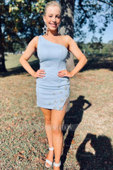 Misshow Sparkly Black One Shoulder Stars Tight Short Homecoming Dress/Mini Dress with Fringes