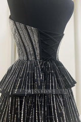 Misshow Sparkly Black Pink A Line Corset Strapless Tiered Short Homecoming Dress/Mini Dress