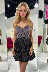 Misshow Sparkly Black Pink A Line Corset Strapless Tiered Short Homecoming Dress/Mini Dress with Beadings