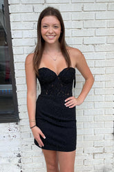 Misshow Sparkly Black Sequin Corset Tight Homecoming Dress/Mini Dress