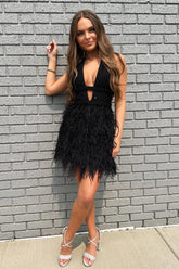 Misshow Sparkly Black Sequin Feathers A-Line Short Homecoming Dress/Mini Dress