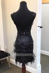 Misshow Sparkly Black Sequin V-Neck Backless Tight Short Homecoming Dress/Mini Dress with Feathers