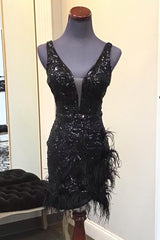 Misshow Sparkly Black Sequin V-Neck Backless Tight Short Homecoming Dress/Mini Dress with Feathers