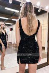 Misshow Sparkly Black Sequined Tight Short Homecoming Dress/Mini Dress with Fringes