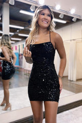 Misshow Sparkly Black Sequined Zipper Spaghetti Straps Tight Short Homecoming Dress/Mini Dress