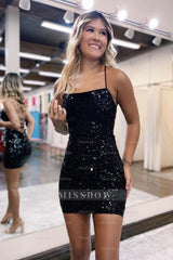 Misshow Sparkly Black Sequined Zipper Spaghetti Straps Tight Short Homecoming Dress/Mini Dress
