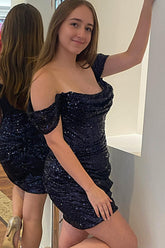 Misshow Sparkly Black Sequins Off the Shoulder Tight Short Homecoming Dress/Mini Dress