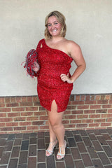 Misshow Sparkly Black Sequins One Shoulder One Sleeve Keyhole Tight Short Homecoming Dress/Mini Dress