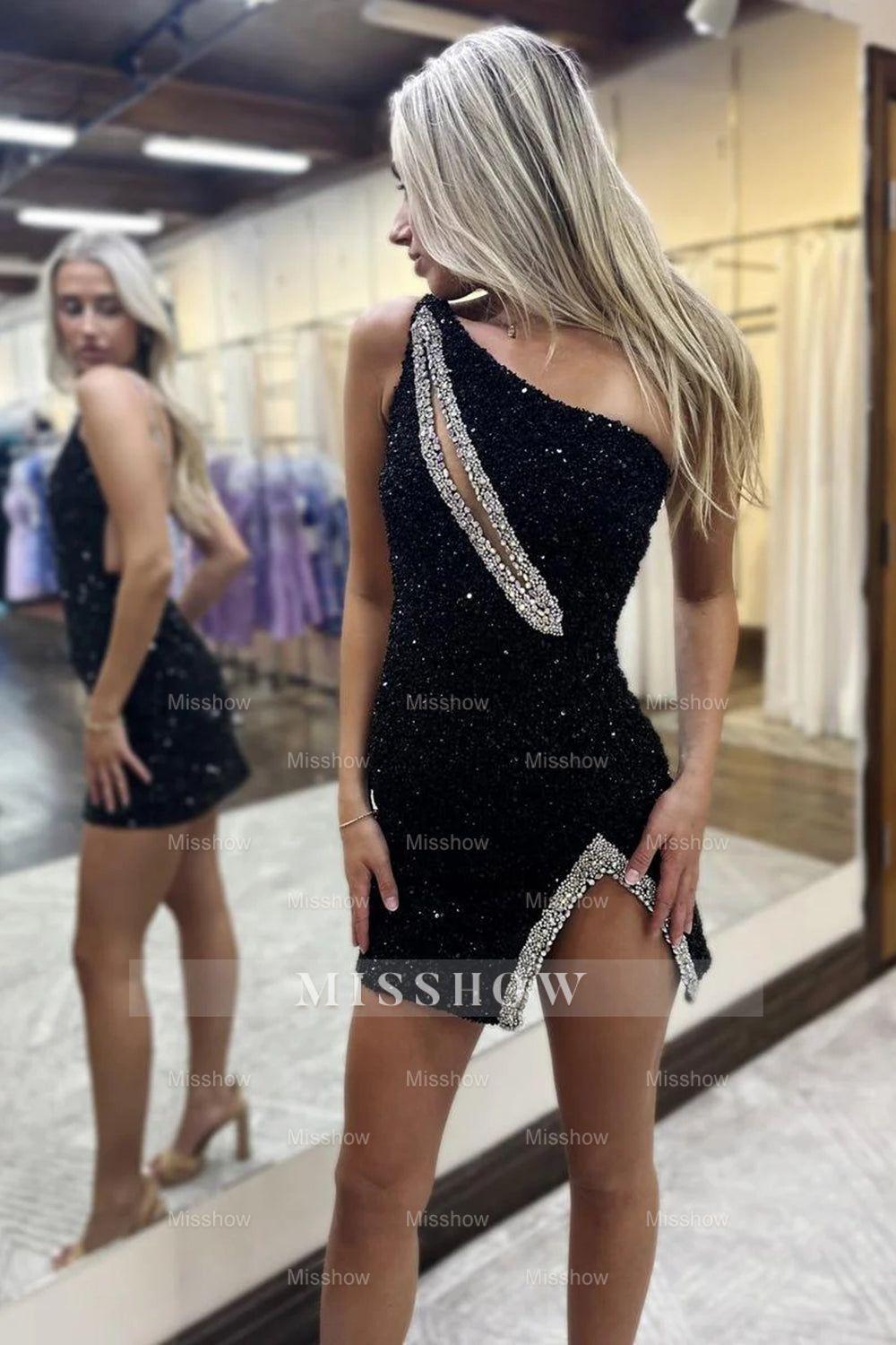 Misshow Sparkly Black Sequins One Shoulder Tight Short Homecoming Dress/Mini Dress