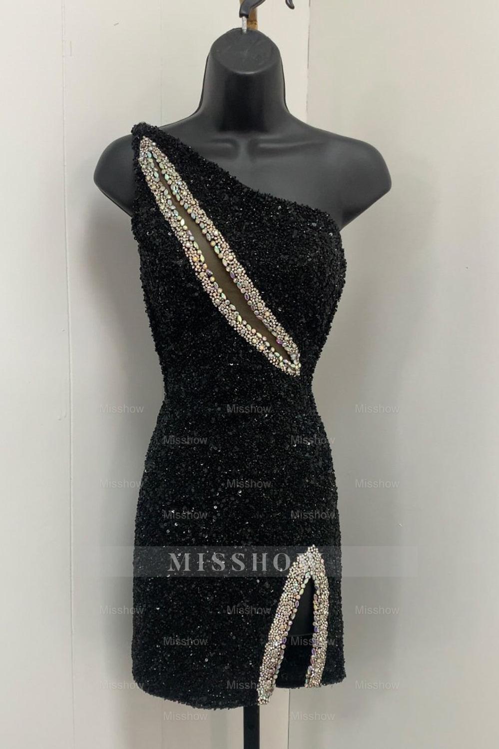 Misshow Sparkly Black Sequins One Shoulder Tight Short Homecoming Dress/Mini Dress