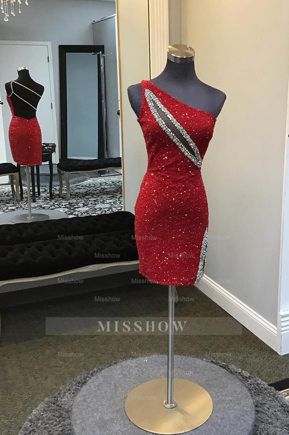 Misshow Sparkly Black Sequins One Shoulder Tight Short Homecoming Dress/Mini Dress