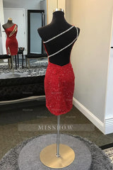 Misshow Sparkly Black Sequins One Shoulder Tight Short Homecoming Dress/Mini Dress