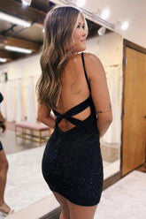 Misshow Sparkly Black Sequins Open Back Tight Short Hoco Dress