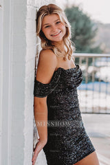 Misshow Sparkly Black Sequins Short Tight Homecoming Dress/Mini Dress