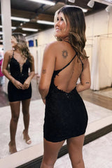 Misshow Sparkly Black Sequins Tight Short Homecoming Dress/Mini Dress With Appliques