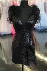 Misshow Sparkly Black Sequins Tight Short Homecoming Dress/Mini Dress with Feathers