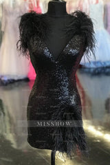 Misshow Sparkly Black Sequins Tight Short Homecoming Dress/Mini Dress with Feathers