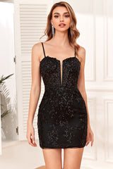 Misshow Sparkly Black Sequins Tight Short Homecoming Dress/Mini Dress with Lace