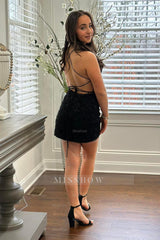 Misshow Sparkly Black Spaghetti Straps Backless Tight Short Lace Homecoming Dress/Mini Dress