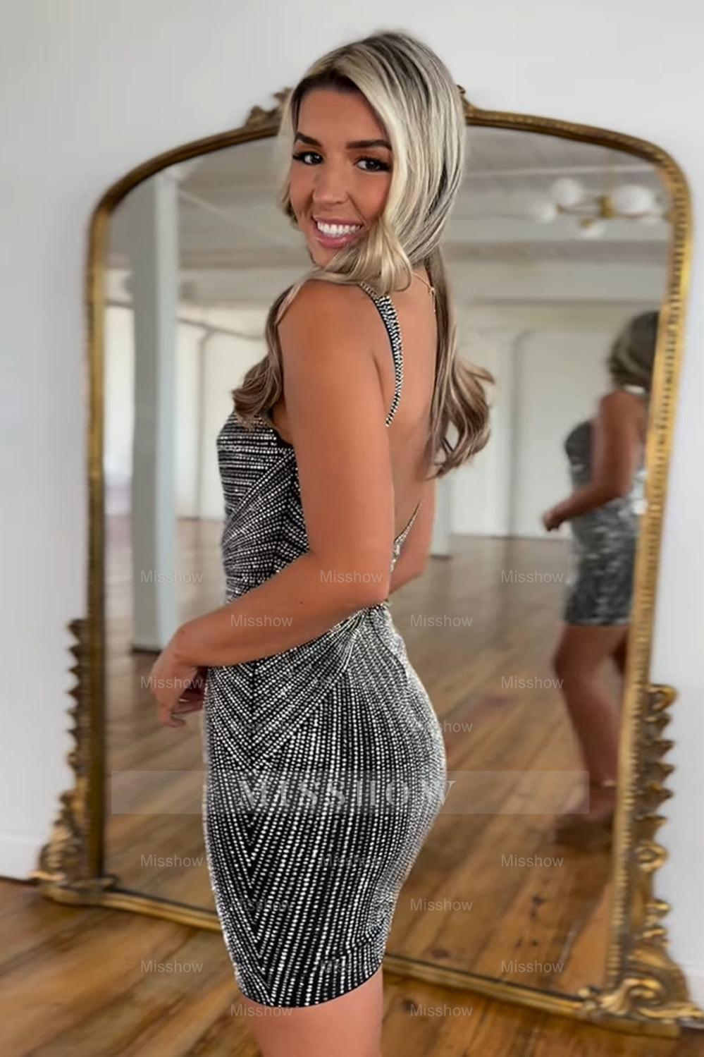 Misshow Sparkly Black Spaghetti Straps Beaded Tight Short Homecoming Dress/Mini Dress with Keyhole