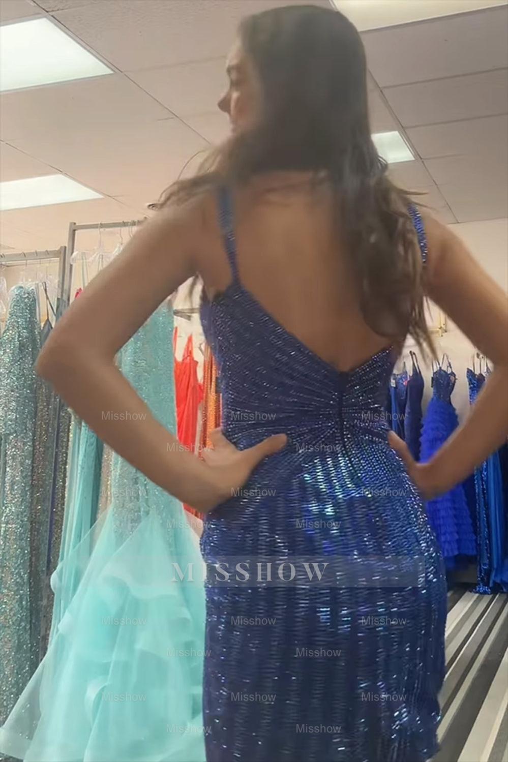 Misshow Sparkly Black Spaghetti Straps Beaded Tight Short Homecoming Dress/Mini Dress with Keyhole