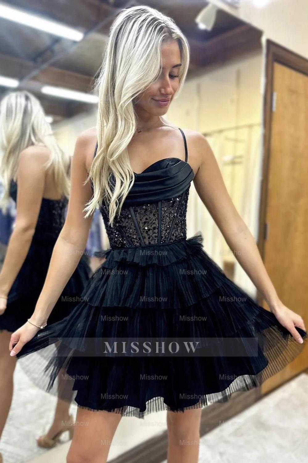 Misshow Sparkly Black Spaghetti Straps Corset Short Homecoming Dress/Mini Dress