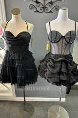 Misshow Sparkly Black Spaghetti Straps Corset Short Homecoming Dress/Mini Dress