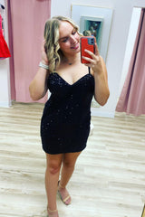 Misshow Sparkly Black Spaghetti Straps Fringed Tight Short Homecoming Dress/Mini Dress