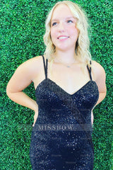 Misshow Sparkly Black Spaghetti Straps Fringed Tight Short Homecoming Dress/Mini Dress