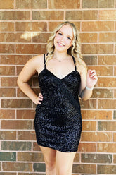 Misshow Sparkly Black Spaghetti Straps Fringed Tight Short Homecoming Dress/Mini Dress