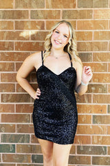 Misshow Sparkly Black Spaghetti Straps Fringed Tight Short Homecoming Dress/Mini Dress