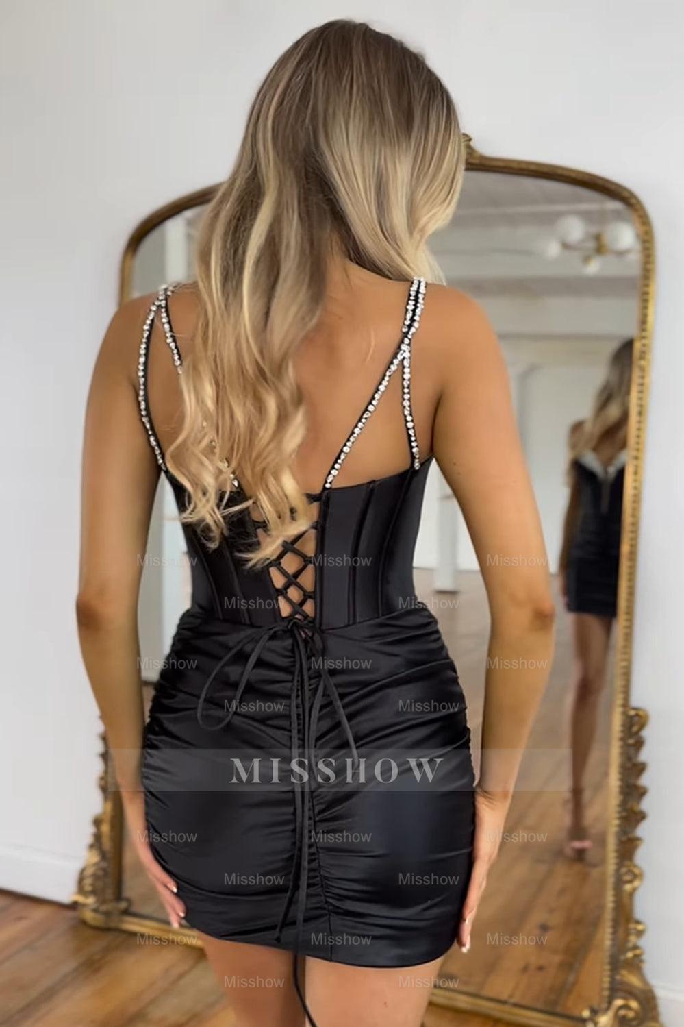 Misshow Sparkly Black Spaghetti Straps Tight Corset Homecoming Dress/Mini Dress with Sequins