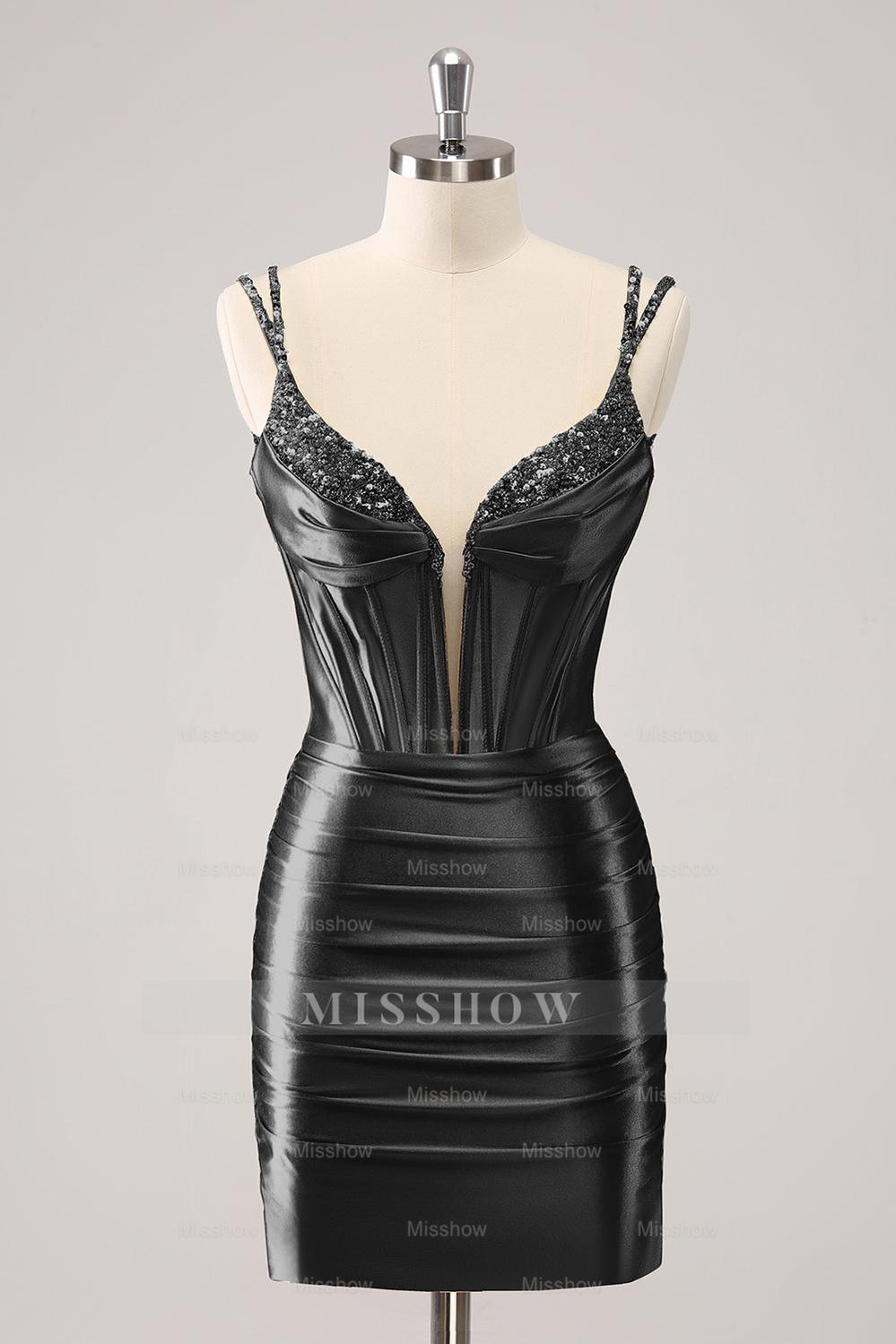 Misshow Sparkly Black Spaghetti Straps Tight Corset Homecoming Dress/Mini Dress with Sequins