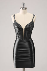 Misshow Sparkly Black Spaghetti Straps Tight Corset Homecoming Dress/Mini Dress with Sequins