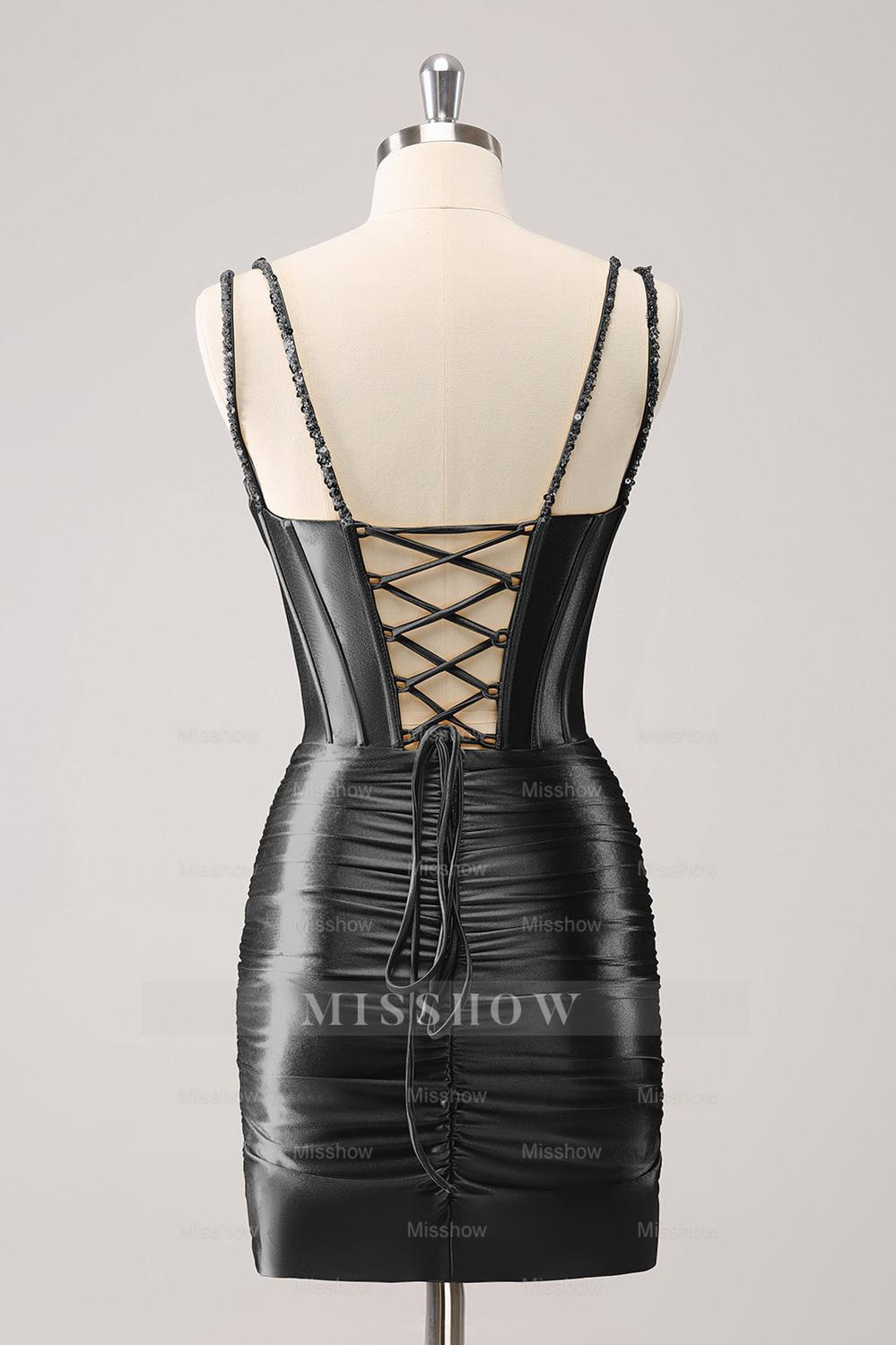 Misshow Sparkly Black Spaghetti Straps Tight Corset Homecoming Dress/Mini Dress with Sequins