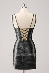 Misshow Sparkly Black Spaghetti Straps Tight Corset Homecoming Dress/Mini Dress with Sequins