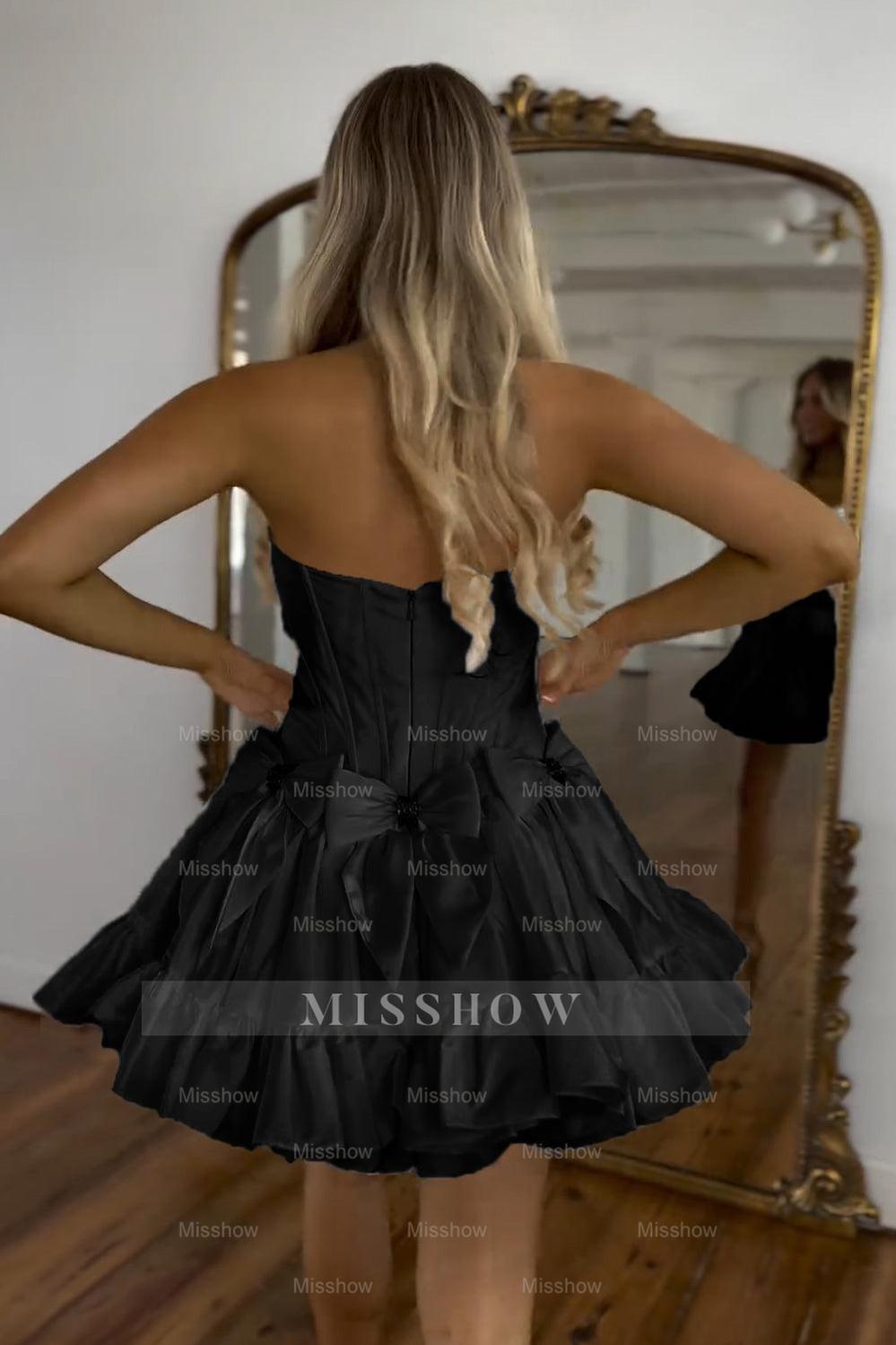 Misshow Sparkly Black Strapless Corset Short Homecoming Dress/Mini Dress With Bow