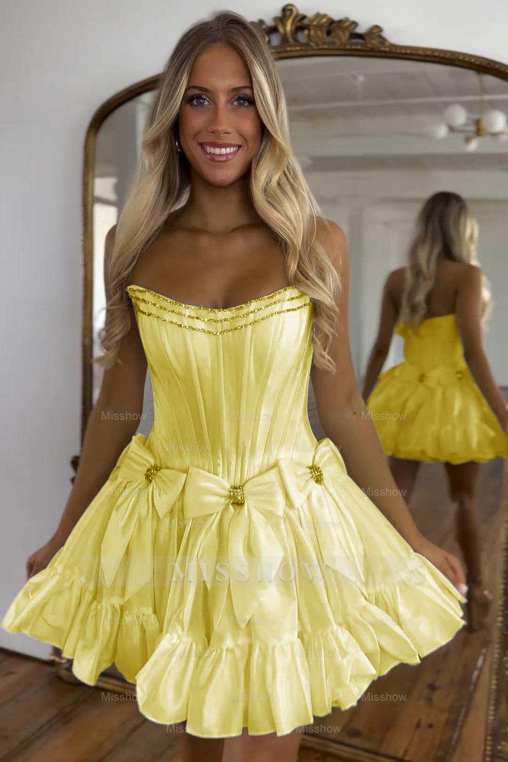 Misshow Sparkly Black Strapless Corset Short Homecoming Dress/Mini Dress With Bow