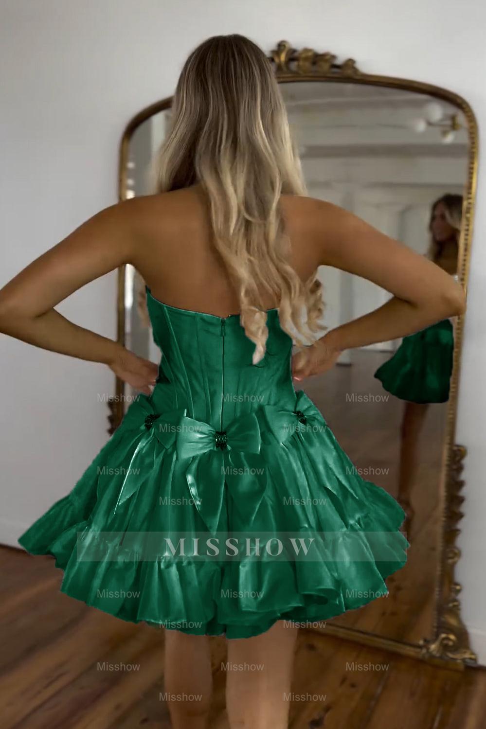 Misshow Sparkly Black Strapless Corset Short Homecoming Dress/Mini Dress With Bow