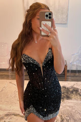 Misshow Sparkly Black Strapless Corset Short Homecoming Dress/Mini Dress with Beadings