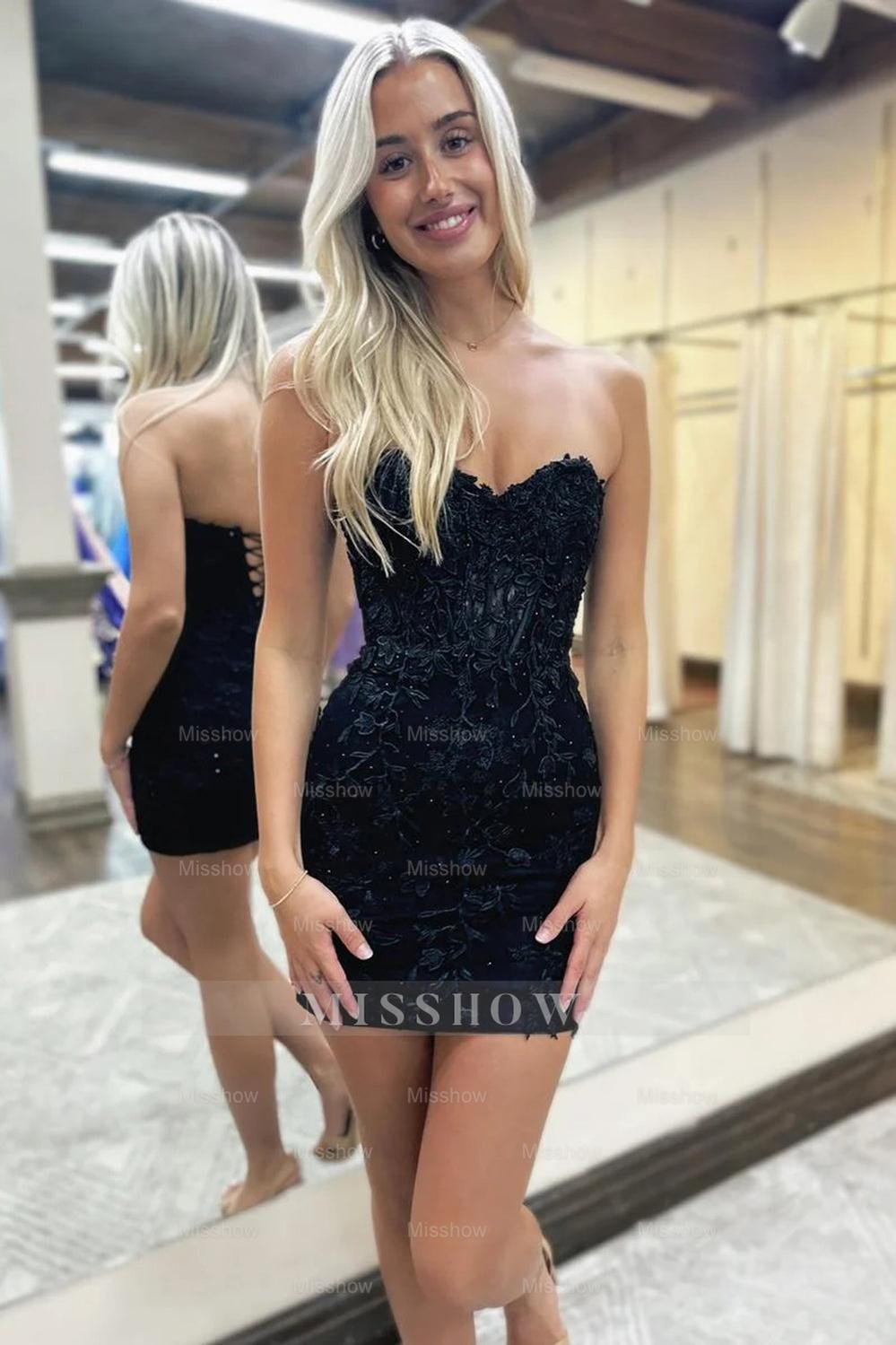 Misshow Sparkly Black Strapless Tight Short Homecoming Dress/Mini Dress with Slit