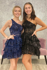 Misshow Sparkly Black Tiered Lace One Shoulder Short Homecoming Dress/Mini Dress