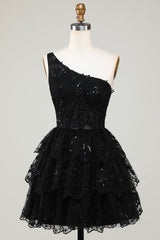 Misshow Sparkly Black Tiered Lace One Shoulder Short Homecoming Dress/Mini Dress