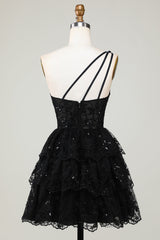 Misshow Sparkly Black Tiered Lace One Shoulder Short Homecoming Dress/Mini Dress