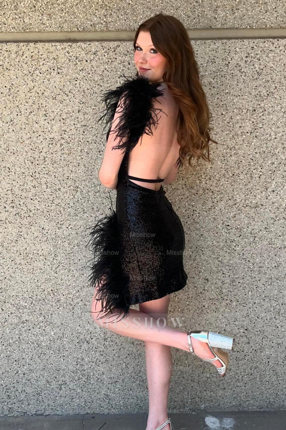 Misshow Sparkly Black V-Neck Tight Short Homecoming Dress/Mini Dress with Feathers