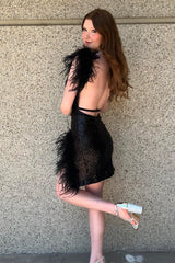 Misshow Sparkly Black V-Neck Tight Short Homecoming Dress/Mini Dress with Feathers