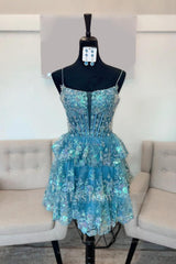 Misshow Sparkly Blue A Line Corset Tiered Short Homecoming Dress/Mini Dress